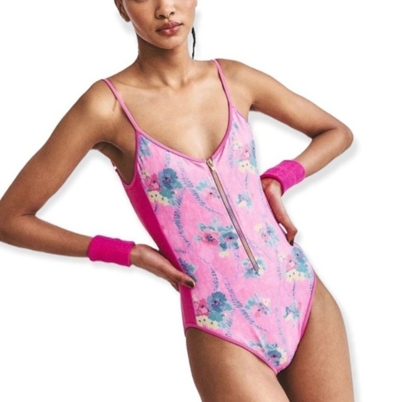 LoveShackFancy x Beach Riot Cheryl Hints Of Hibiscus Floral Zip Swimsuit M - Picture 1 of 12